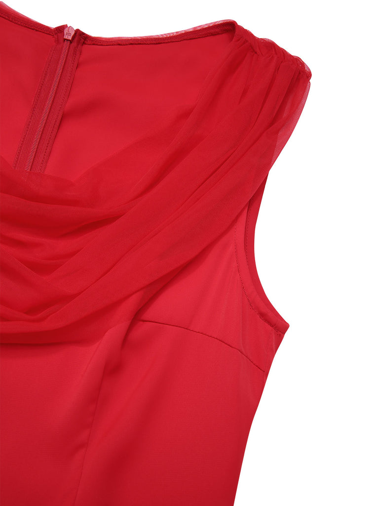 [Pre-Sale] Red 1950s Solid Mesh Layered Cowl Neck Dress