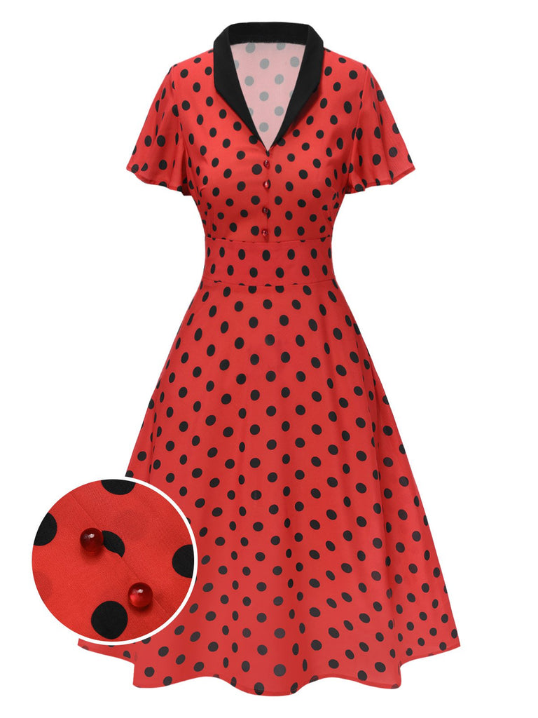 Deep Red 1950s V-Neck Polka Dots Lapel Dress