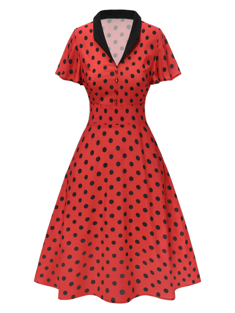 Deep Red 1950s V-Neck Polka Dots Lapel Dress
