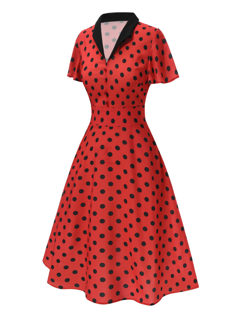 Deep Red 1950s V-Neck Polka Dots Lapel Dress