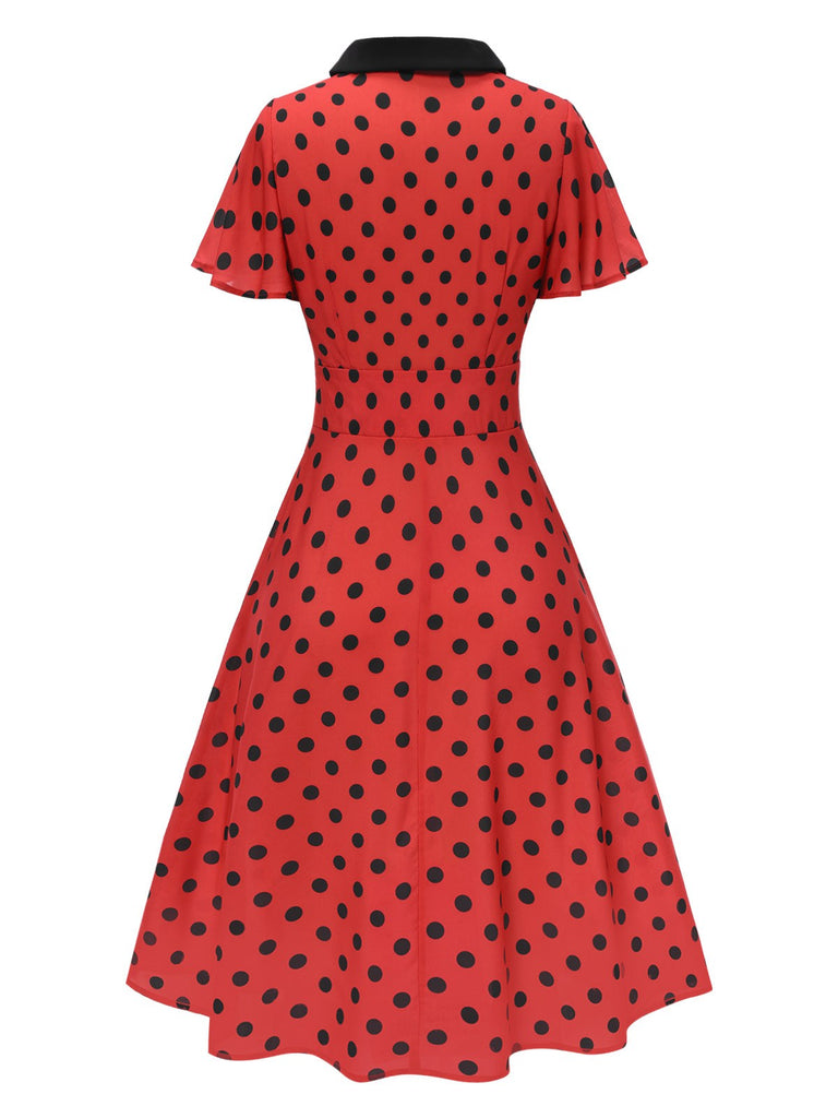Deep Red 1950s V-Neck Polka Dots Lapel Dress