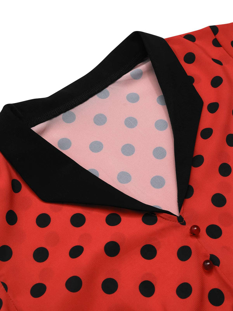 Deep Red 1950s V-Neck Polka Dots Lapel Dress