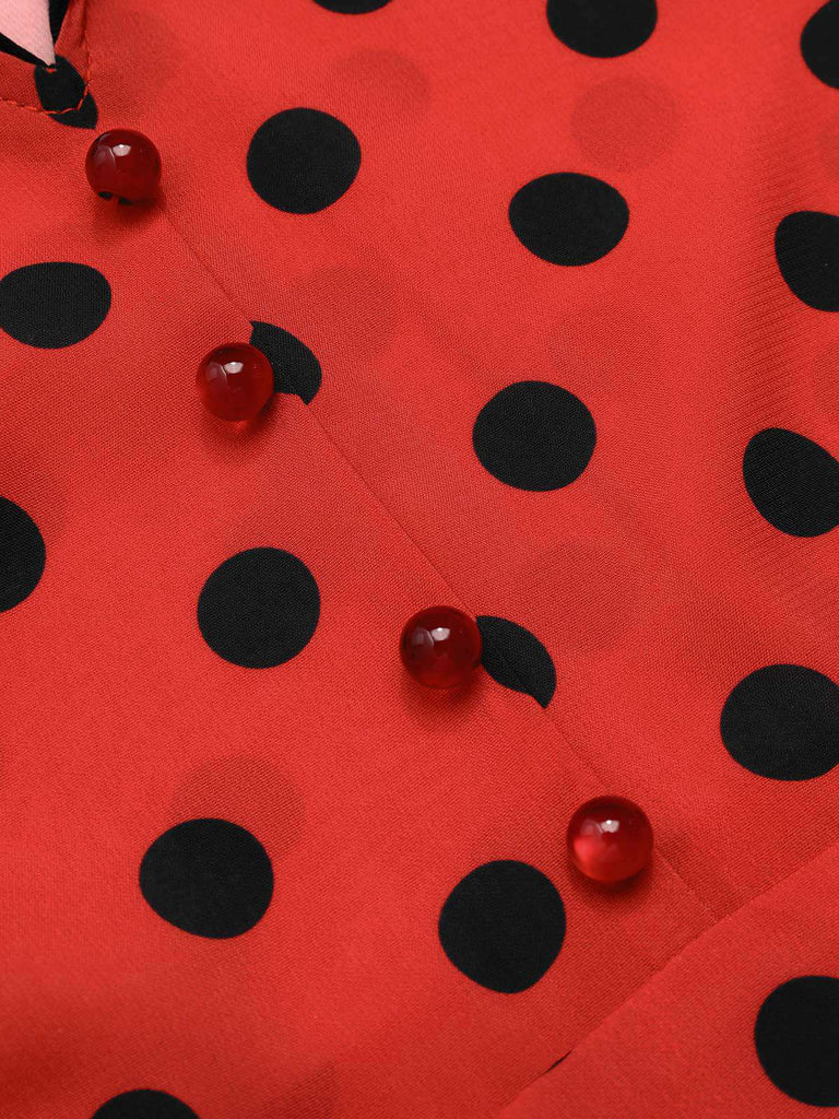 Deep Red 1950s V-Neck Polka Dots Lapel Dress
