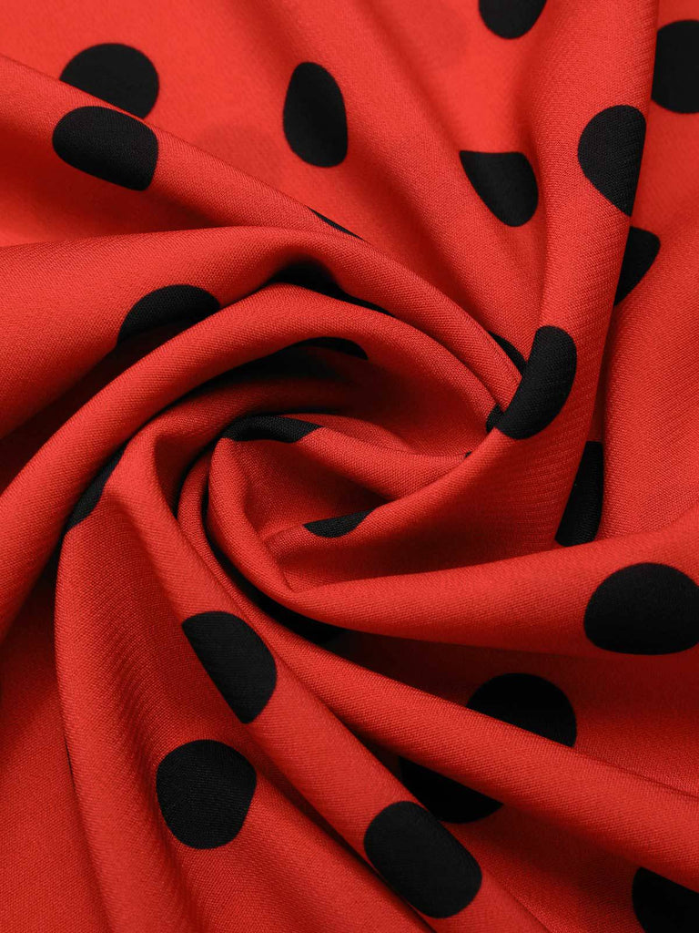 Deep Red 1950s V-Neck Polka Dots Lapel Dress