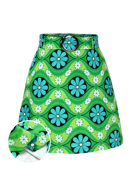 Green 1960s Vintage Floral Belted Mini Skirt