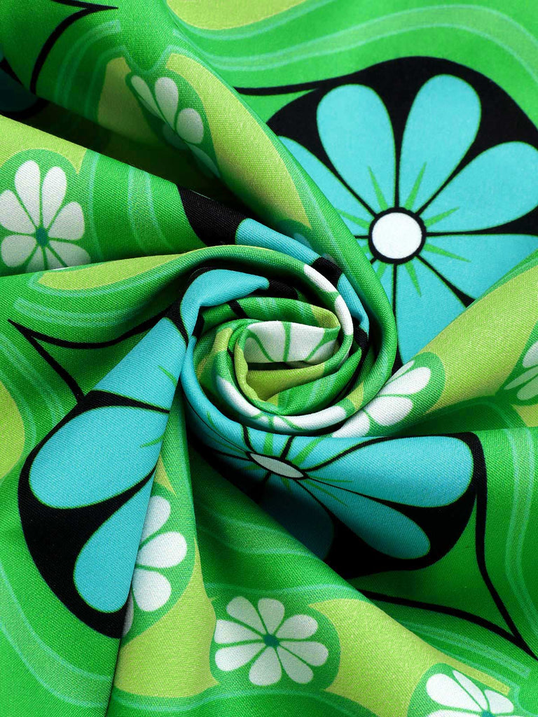 2PCS Green 1960s Lapel Knitted Blouse & Floral Skirt