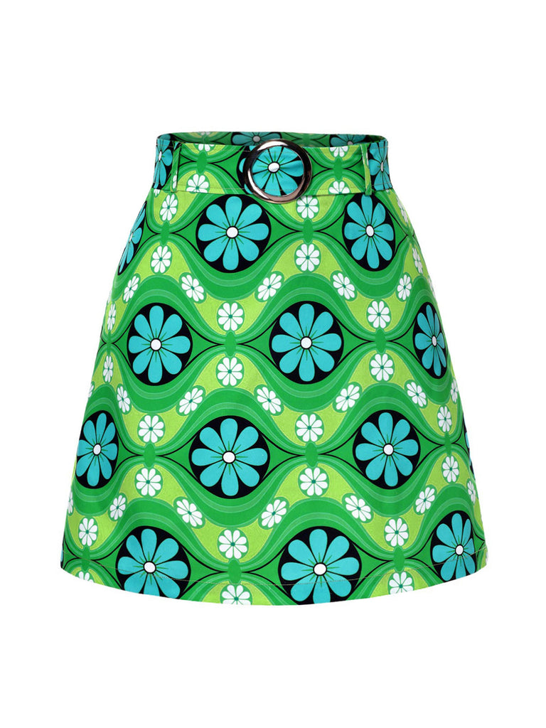 2PCS Green 1960s Lapel Knitted Blouse & Floral Skirt