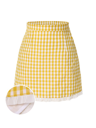Yellow 1960s Ruffles Plaid Skirt