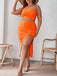 [Plus Size] 2PCS Orange 1970s One-Shoulder Top & Shirred Skirt