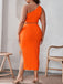 [Plus Size] 2PCS Orange 1970s One-Shoulder Top & Shirred Skirt