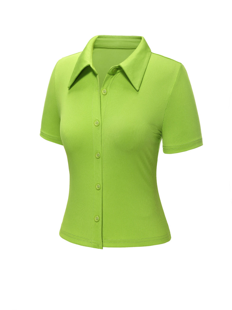 Green 1960s Lapel Knitted Solid Blouse