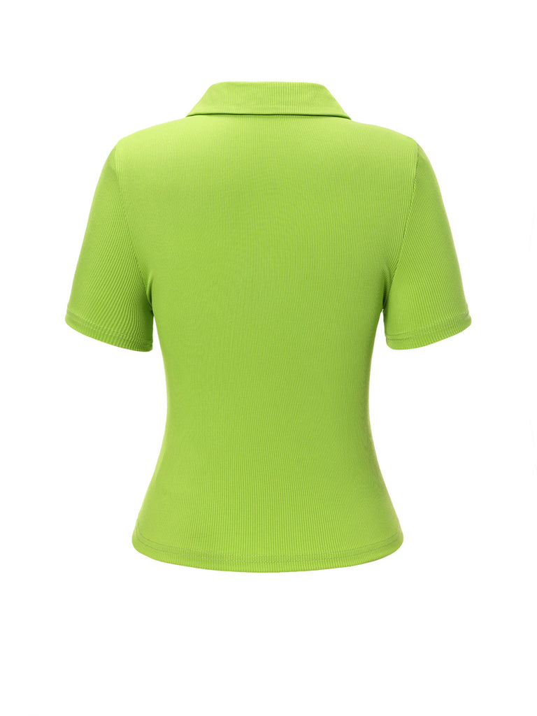 Green 1960s Lapel Knitted Solid Blouse