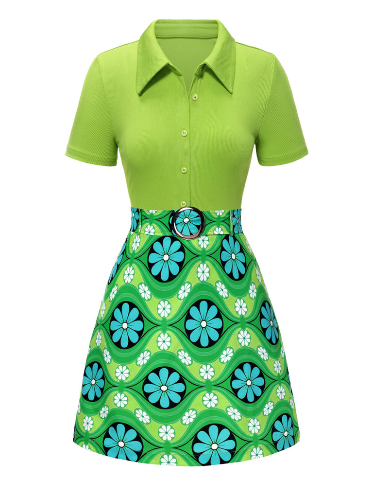 2PCS Green 1960s Lapel Knitted Blouse & Floral Skirt