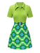 2PCS Green 1960s Lapel Knitted Blouse & Floral Skirt