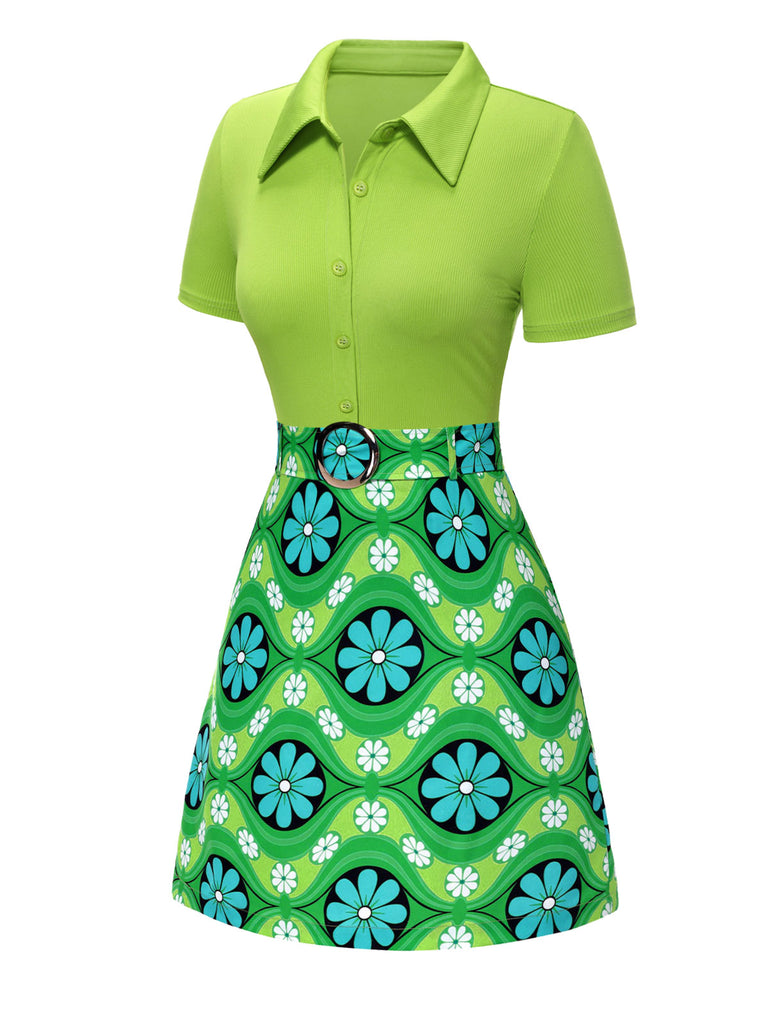 2PCS Green 1960s Lapel Knitted Blouse & Floral Skirt