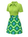 2PCS Green 1960s Lapel Knitted Blouse & Floral Skirt