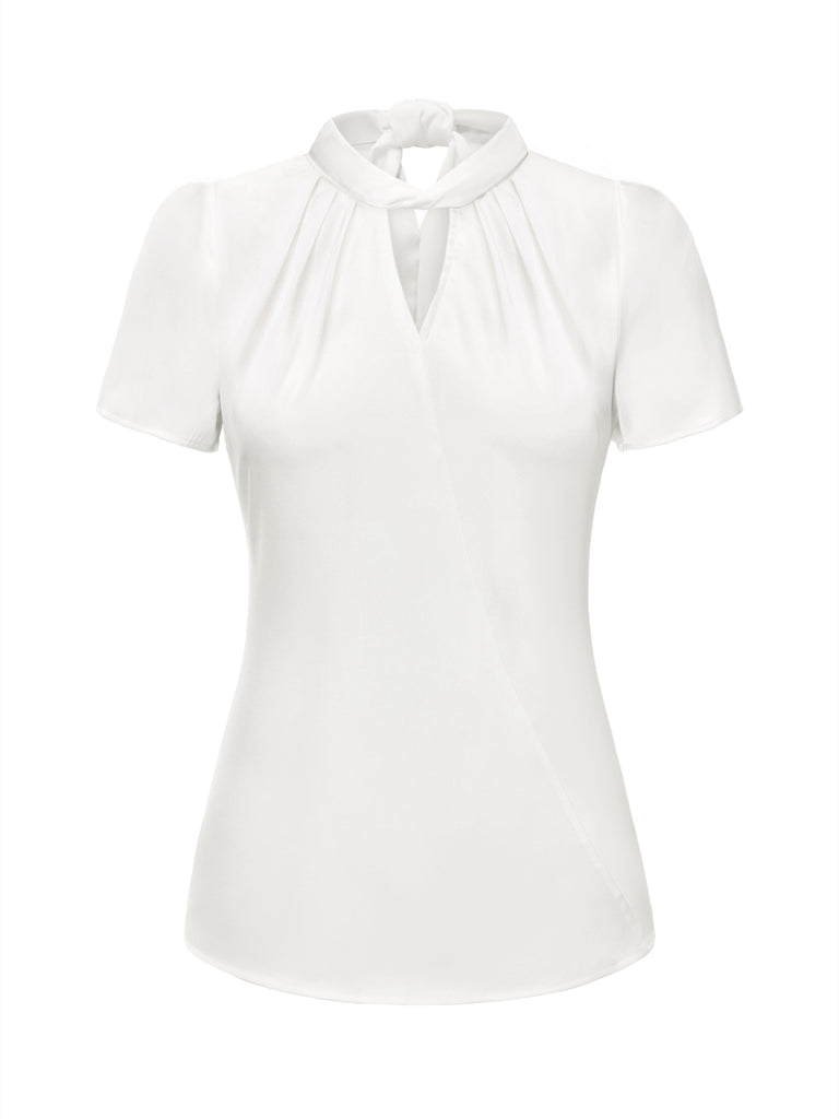 White 1930s Solid Keyhole-Neck Satin Blouse