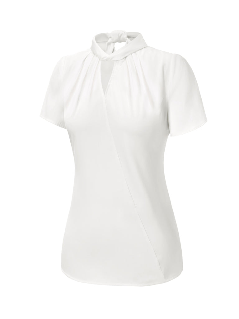 White 1930s Solid Keyhole-Neck Satin Blouse