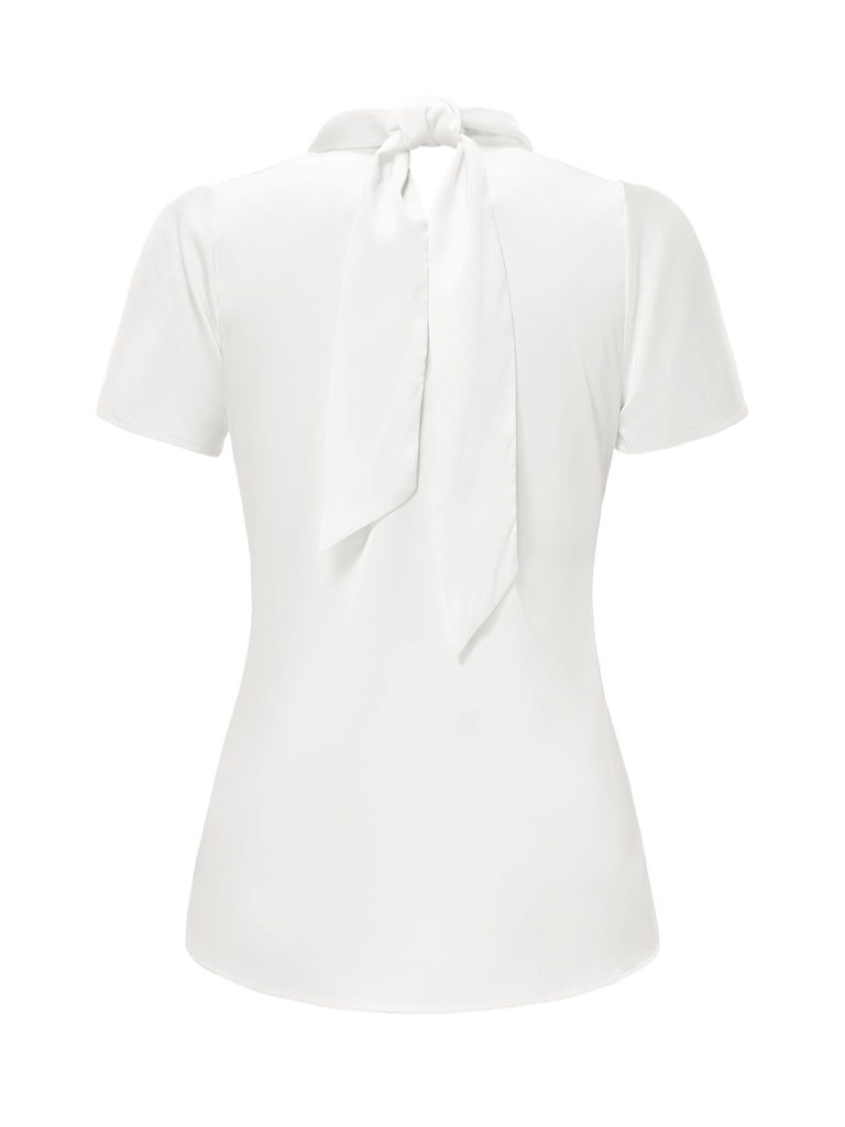 White 1930s Solid Keyhole-Neck Satin Blouse