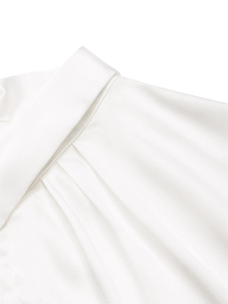 White 1930s Solid Keyhole-Neck Satin Blouse