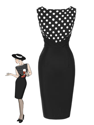 [Pre-Sale] Black 1960s Polka Dots Patchwork Pencil Dress