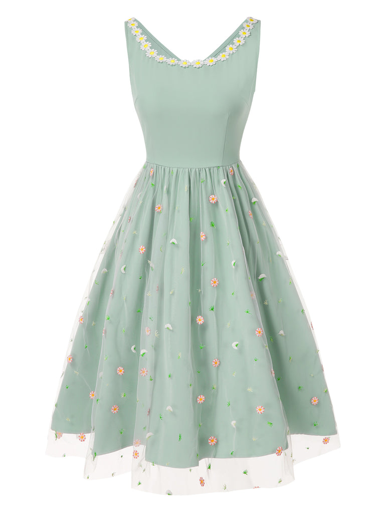 [Pre-Sale] Aqua Green 1950s Tulle Daisy Embroidered Dress