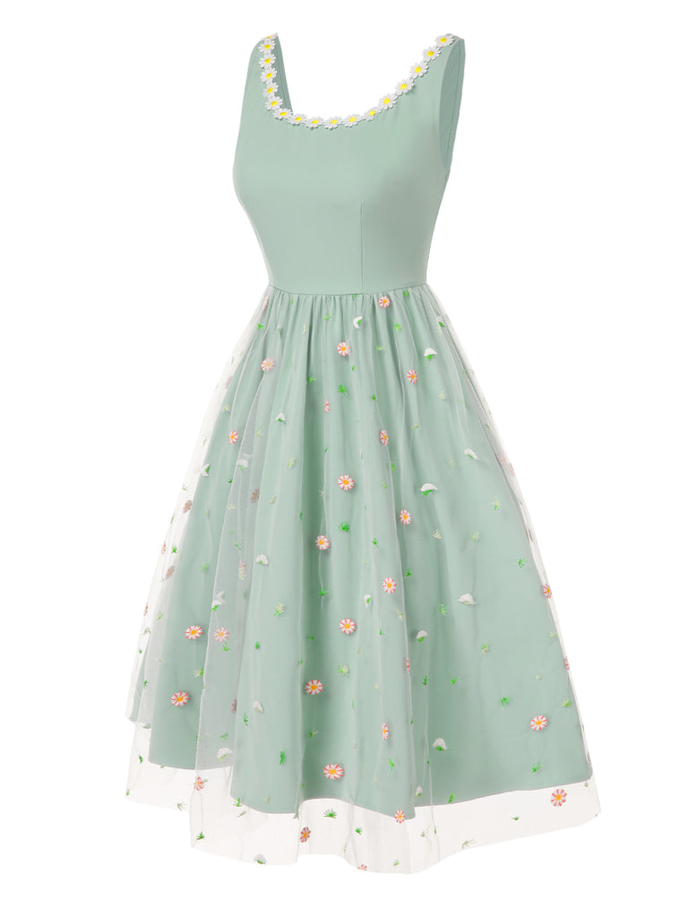 [Pre-Sale] Aqua Green 1950s Tulle Daisy Embroidered Dress