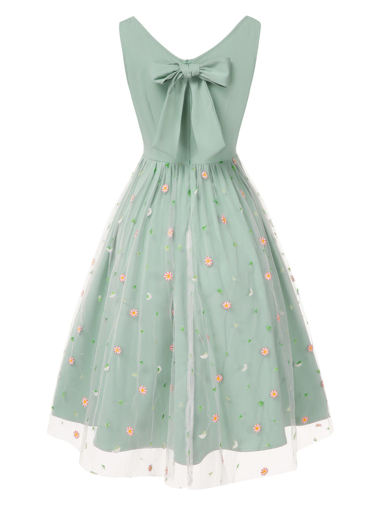 [Pre-Sale] Aqua Green 1950s Tulle Daisy Embroidered Dress