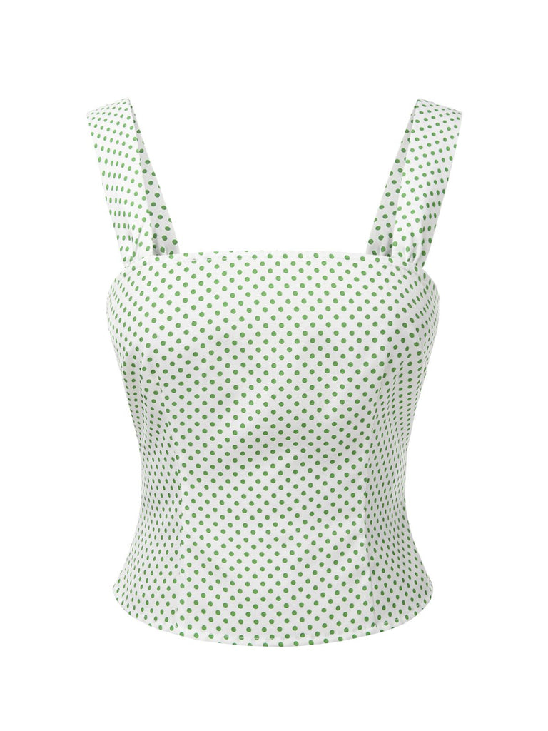 [Pre-Sale] Green 1950s Polka Dot Wide Straps Waisted Camisole