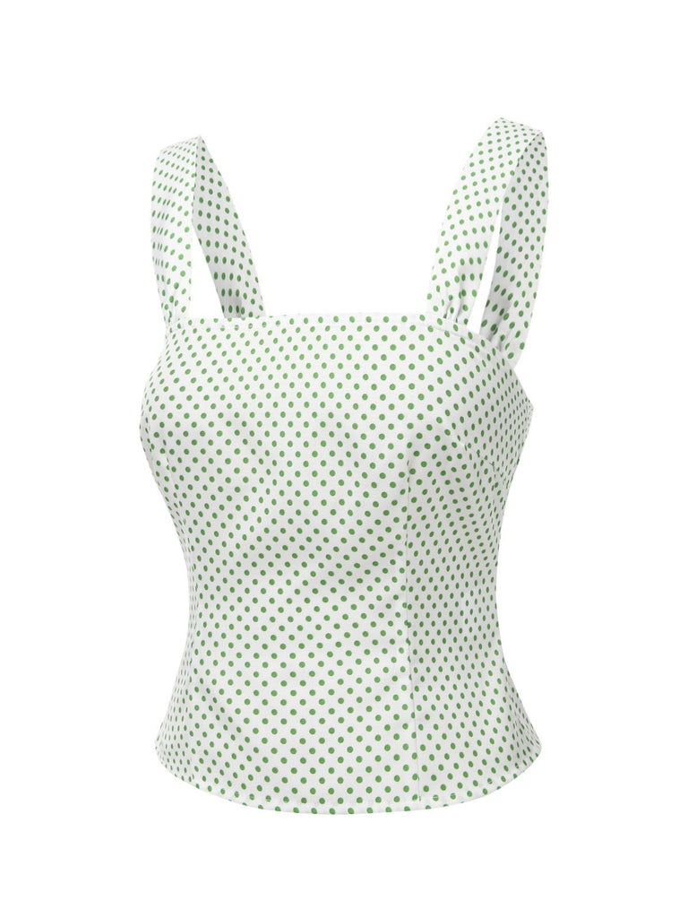[Pre-Sale] Green 1950s Polka Dot Wide Straps Waisted Camisole