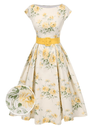 Yellow 1950s Boat Neck Antique Floral Dress