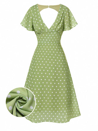 Green 1940s Back Hollow-Out Polka Dots Dress