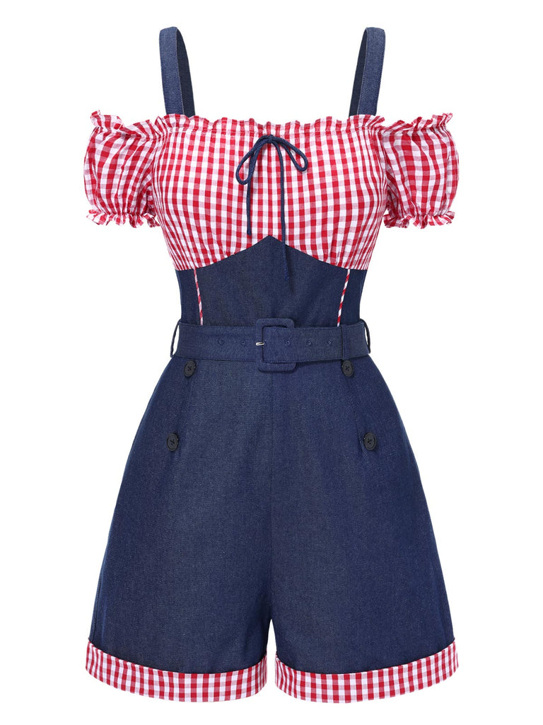 1950s Cold Shoulder Plaids Contrast Denim Romper