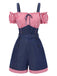 1950s Cold Shoulder Plaids Contrast Denim Romper