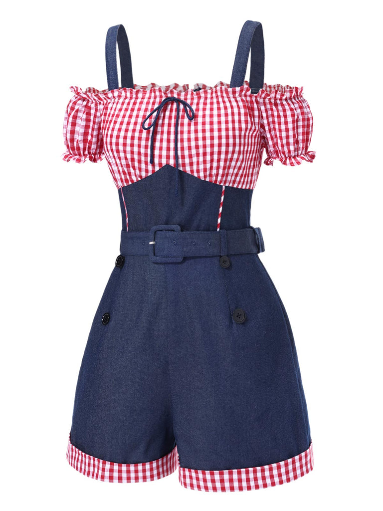 1950s Cold Shoulder Plaids Contrast Denim Romper