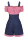 1950s Cold Shoulder Plaids Contrast Denim Romper