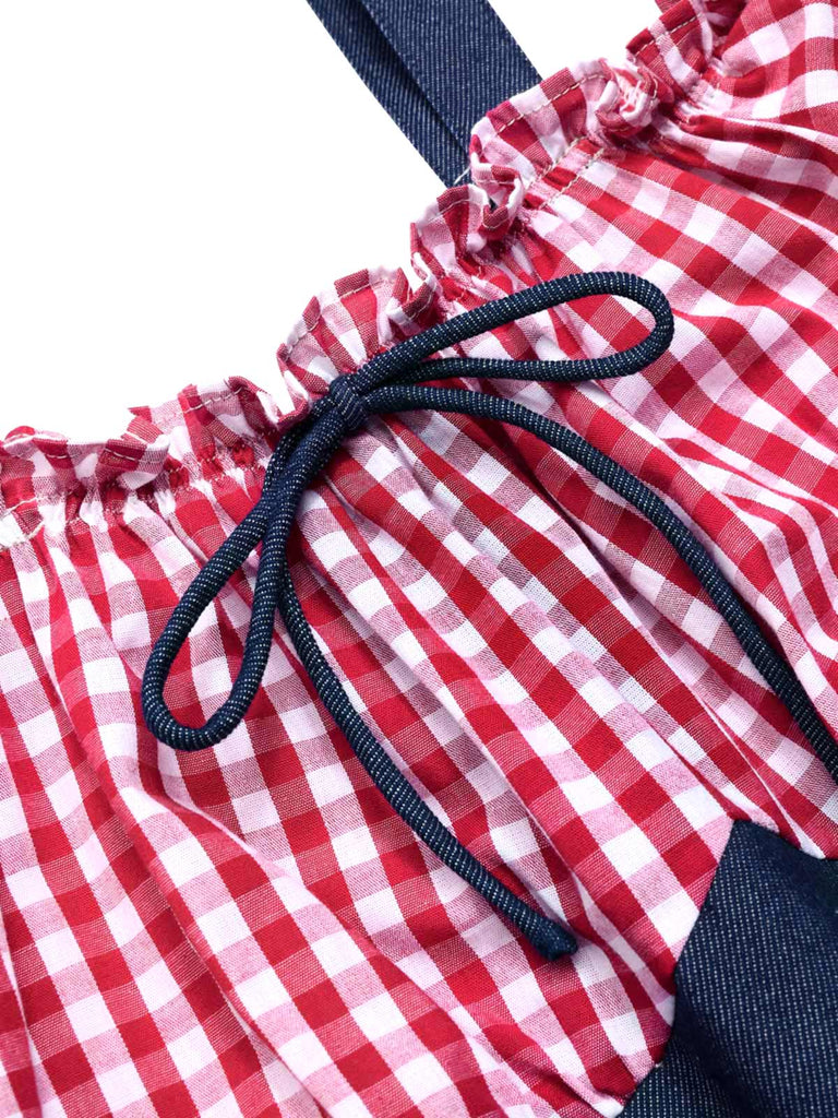1950s Cold Shoulder Plaids Contrast Denim Romper