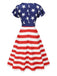 Blue 1950s Star Stripe V-Neck Patchwork Dress