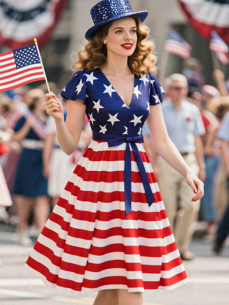 Blue 1950s Star Stripe V-Neck Patchwork Dress
