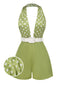 [Pre-Sale] Green 1950s Polka Dots Halter Deep V-Neck Romper