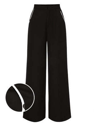Black 1950s Contrast Trim Straight-Leg Pants