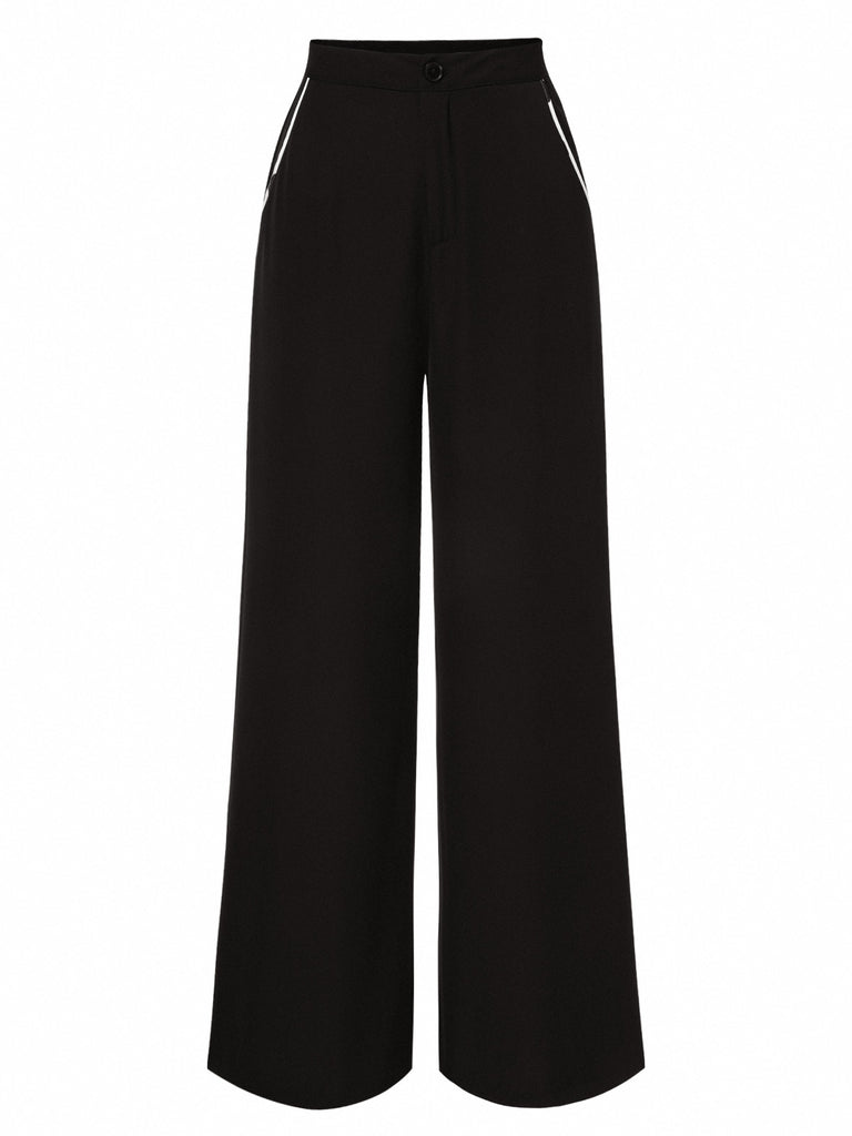 Black 1950s Contrast Trim Straight-Leg Pants