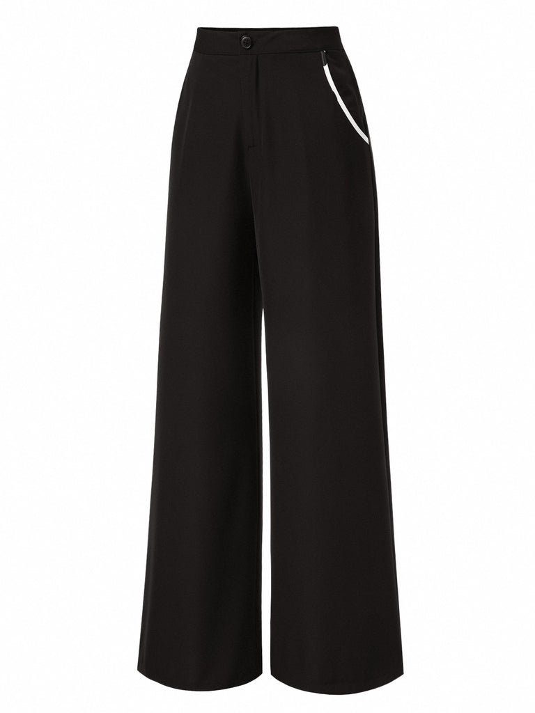 Black 1950s Contrast Trim Straight-Leg Pants