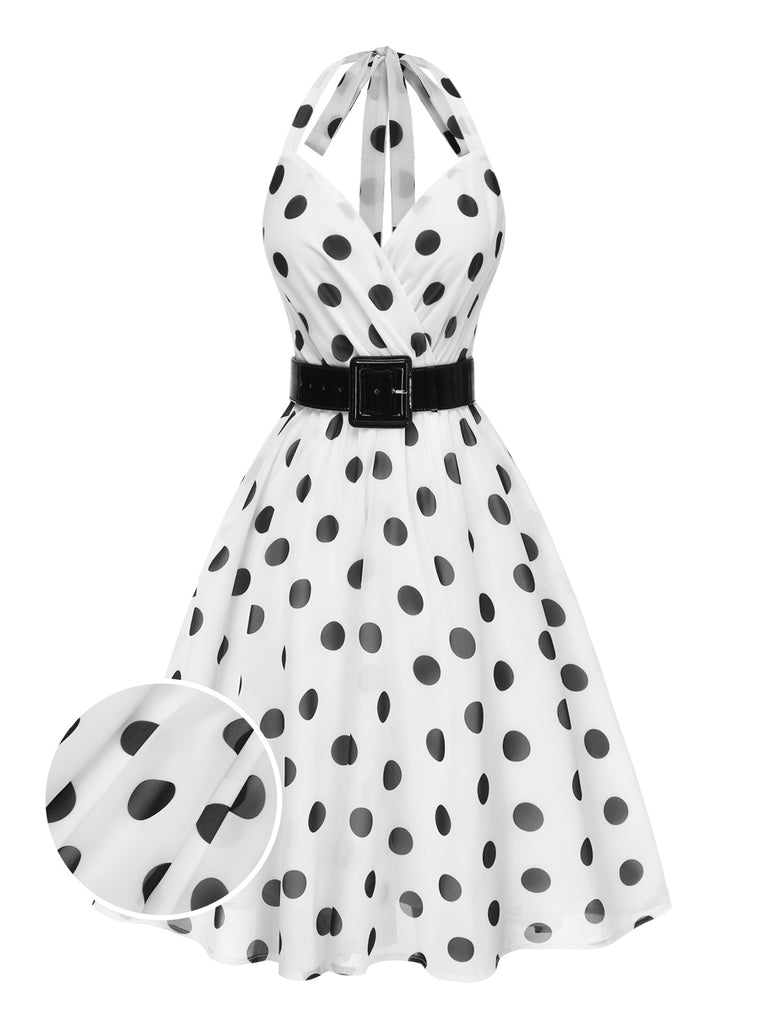 White 1950s Halter Polka Dots Belted Mesh Dress