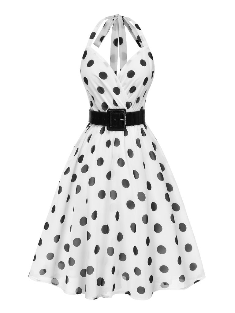 White 1950s Halter Polka Dots Belted Mesh Dress