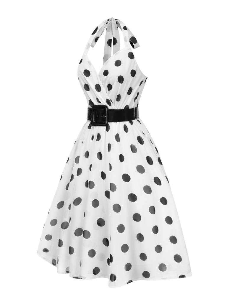White 1950s Halter Polka Dots Belted Mesh Dress
