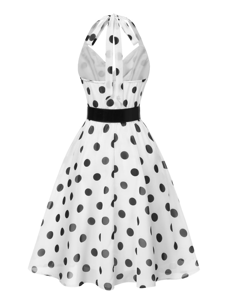 White 1950s Halter Polka Dots Belted Mesh Dress