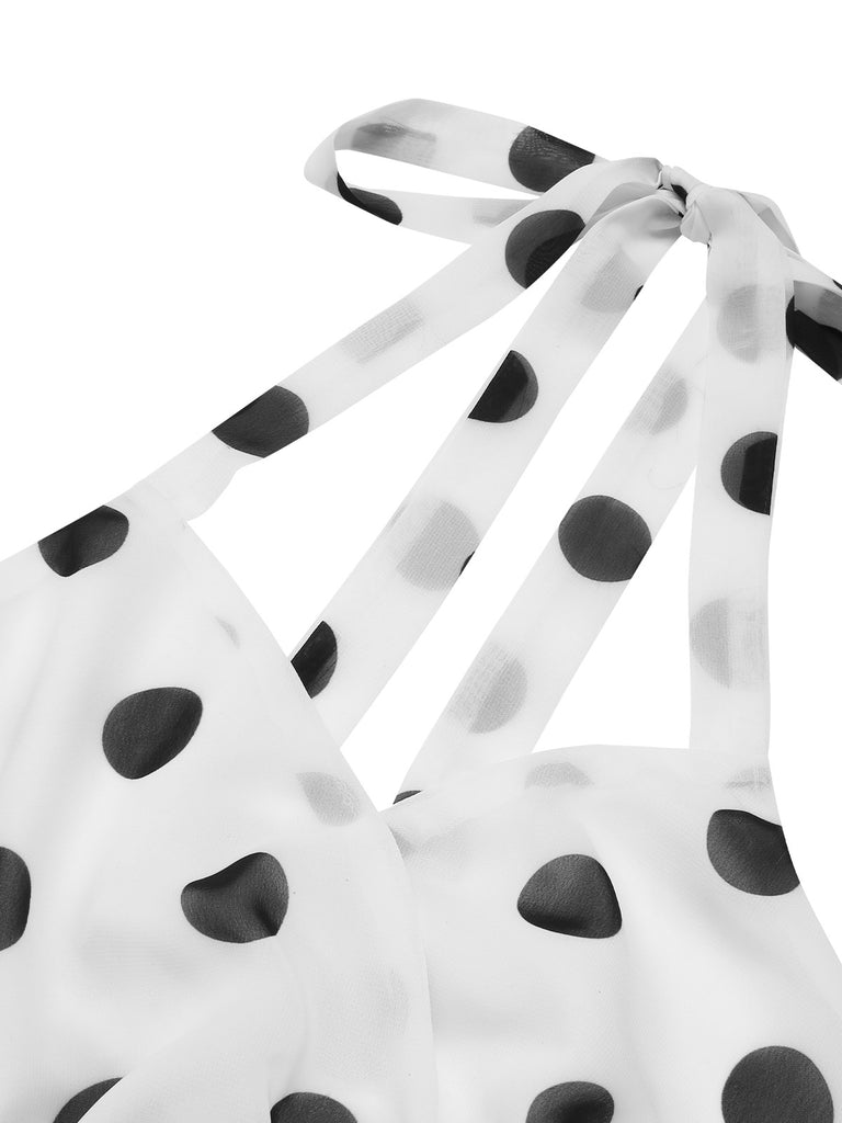 White 1950s Halter Polka Dots Belted Mesh Dress