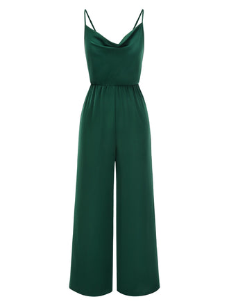 Dark Green 1930s Solid Spaghetti Straps Cowl Neck Jumpsuit