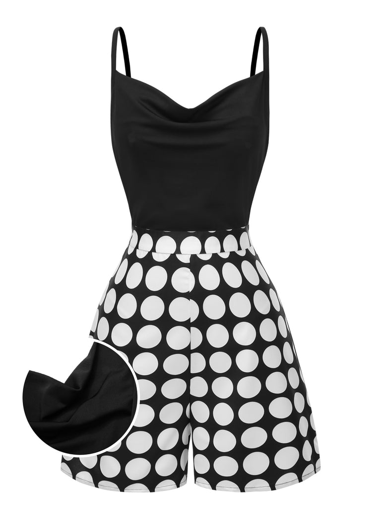 [Pre-Sale] Black 1940s Cowl Neck Polka Dots Romper